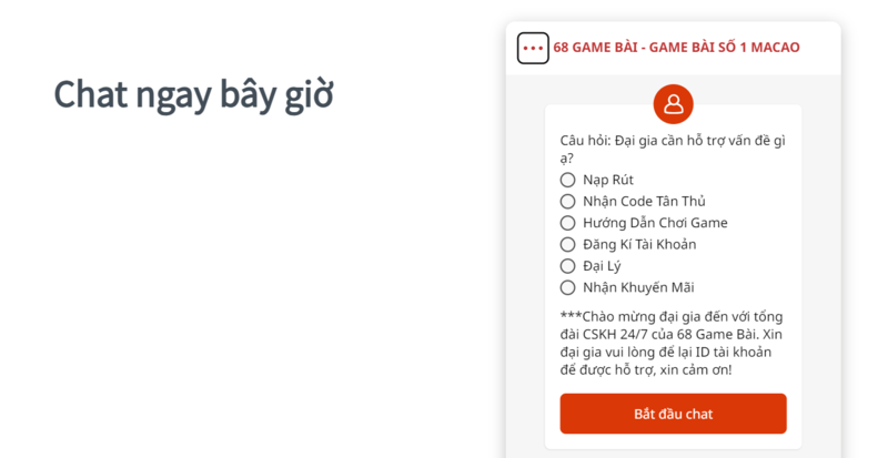 Nhận hỗ trợ qua kênh chat trực tuyến của 68gamebai